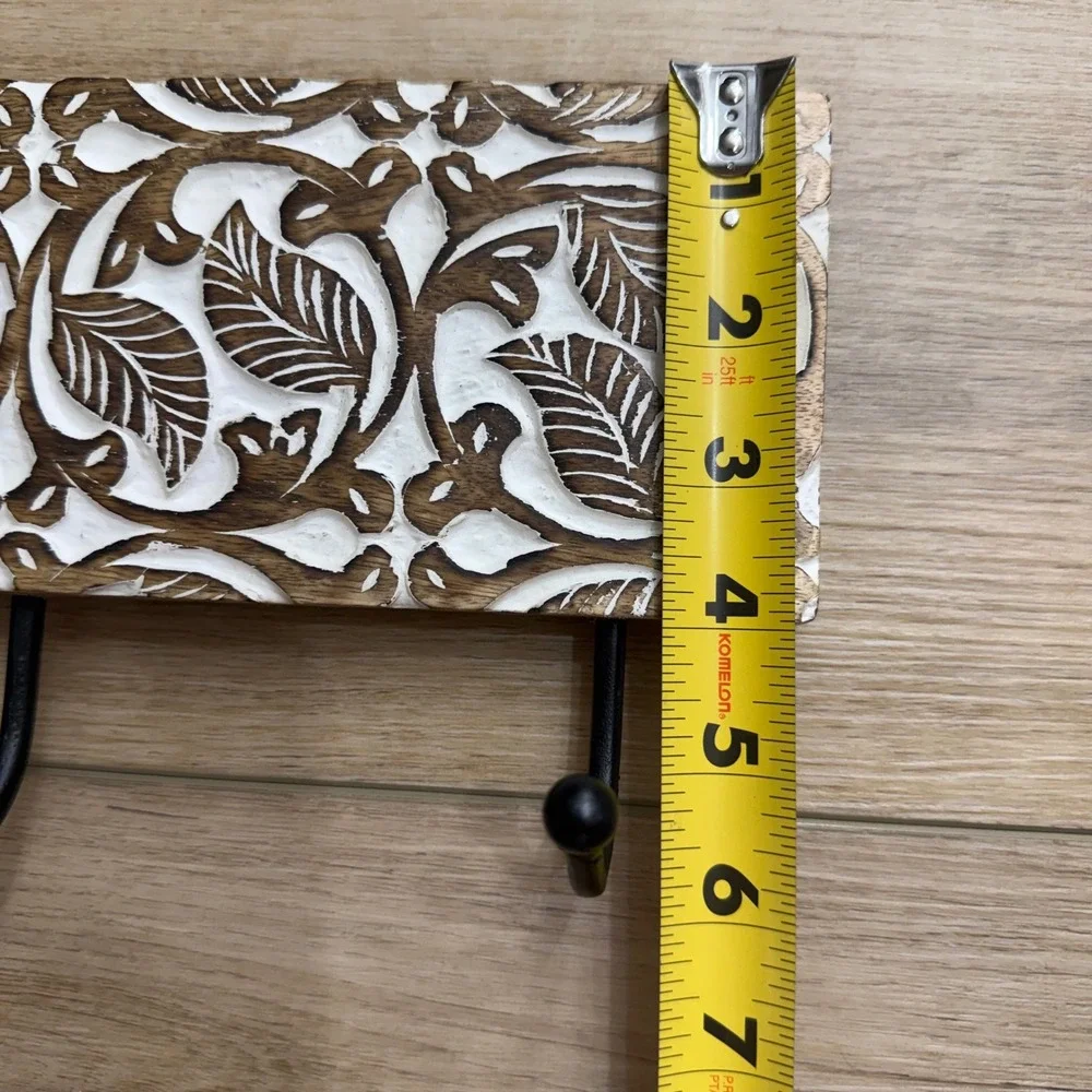 Carved Wood Wall Hook Rack 3 Hooks White Wash Boho Botanical Leaf 12 Inch